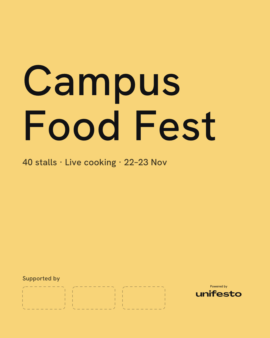 Sample organiser poster with the Powered by Unifesto badge: On a light colour: black, beside sponsors